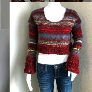 Free People Women's Cropped Limbo Sweater Size S Striped Red Boho Bell Sleeve